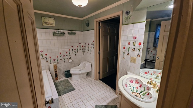 bathroom featuring tile walls, crown molding, toilet, and tile patterned flooring