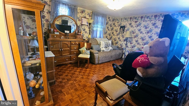 interior space with dark parquet flooring