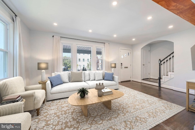 living room with dark hardwood / wood-style flooring