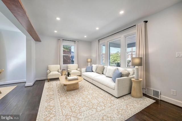 living room with dark hardwood / wood-style floors