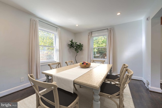 dining space with plenty of natural light and dark wood-type flooring