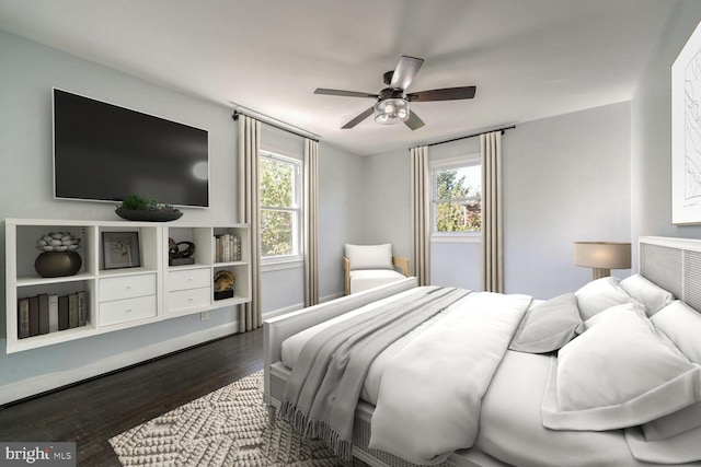 bedroom featuring dark hardwood / wood-style floors and ceiling fan