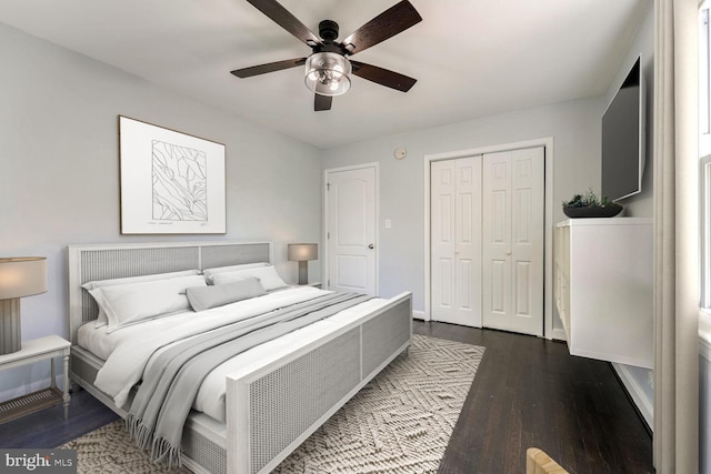 bedroom featuring a closet, dark hardwood / wood-style flooring, and ceiling fan