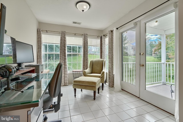 office area featuring french doors and light tile patterned flooring