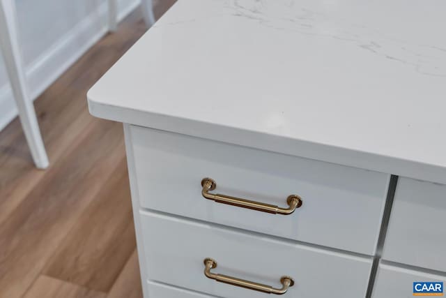 details with light stone counters and hardwood / wood-style floors