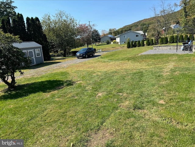 view of yard featuring a storage unit