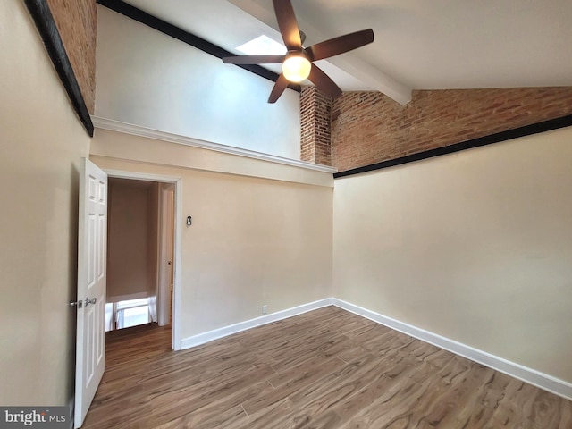 unfurnished room featuring beam ceiling, hardwood / wood-style flooring, high vaulted ceiling, and ceiling fan