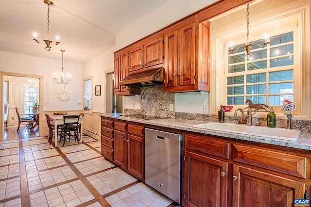 kitchen featuring sink, a chandelier, decorative light fixtures, black electric stovetop, and dishwasher