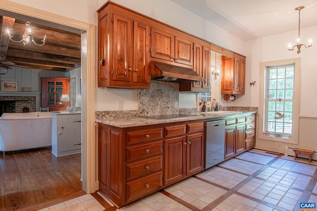 kitchen with beam ceiling, light hardwood / wood-style flooring, black electric cooktop, sink, and stainless steel dishwasher