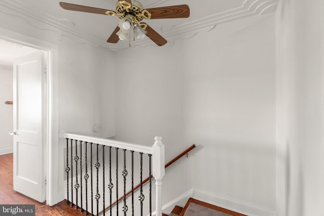 stairway featuring hardwood / wood-style flooring and ceiling fan