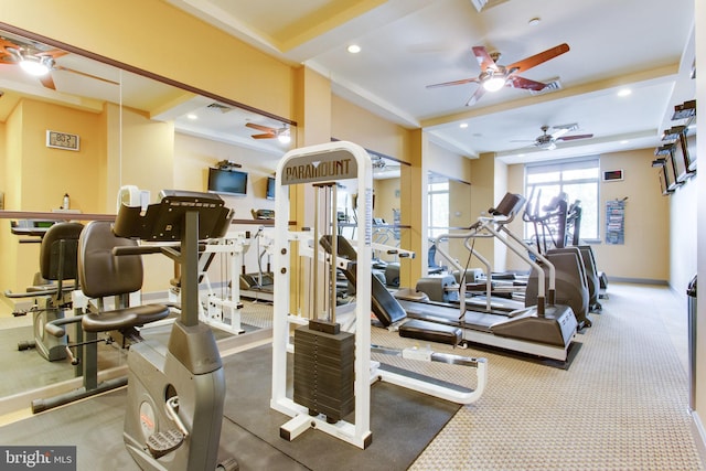 gym featuring ceiling fan