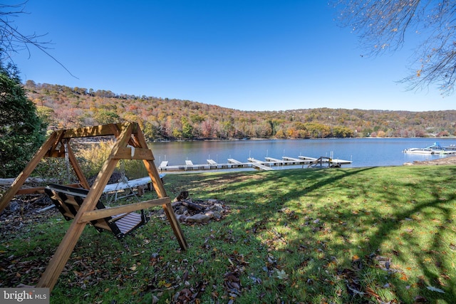 dock area featuring a water view and a yard