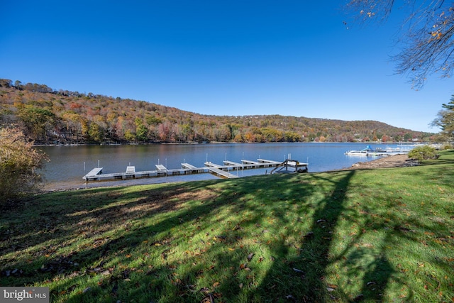 view of dock with a water view and a lawn