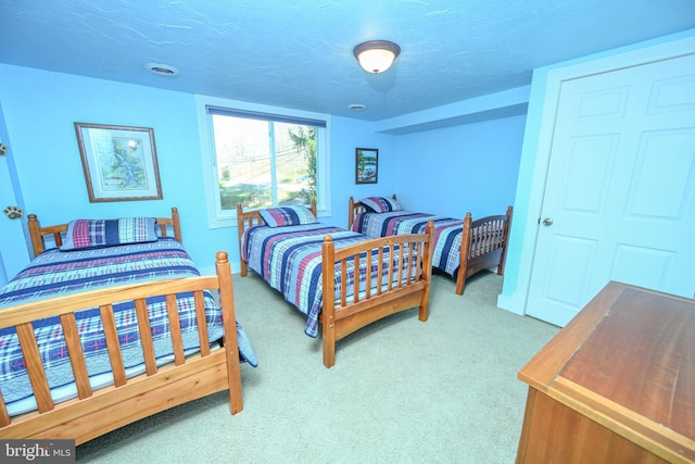 bedroom featuring carpet and a textured ceiling