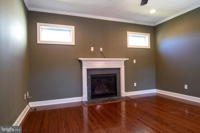 unfurnished living room featuring crown molding, hardwood / wood-style flooring, and ceiling fan