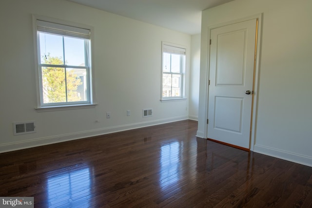 spare room featuring dark wood-type flooring and plenty of natural light