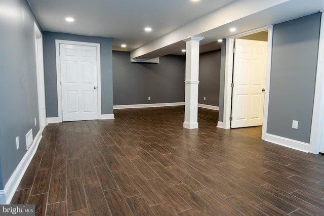 basement featuring dark hardwood / wood-style floors