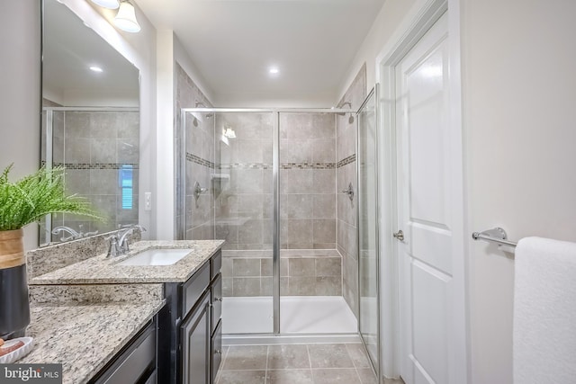 bathroom featuring vanity, tile patterned flooring, and an enclosed shower