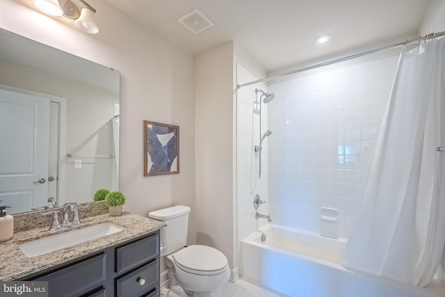 full bathroom featuring vanity, shower / tub combo, toilet, and tile patterned flooring