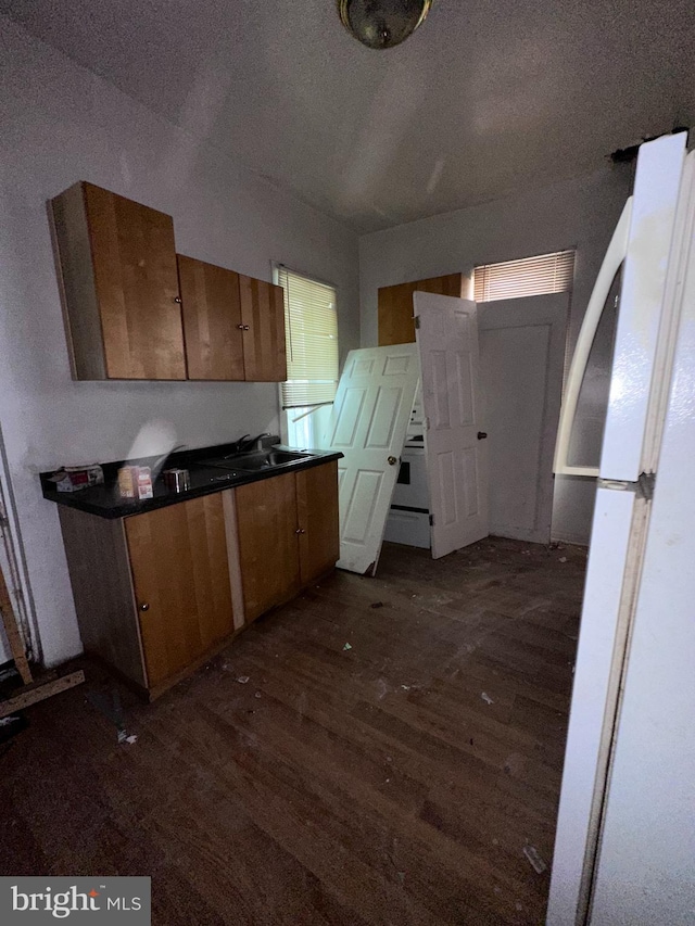 kitchen with dark wood-type flooring, sink, and white refrigerator