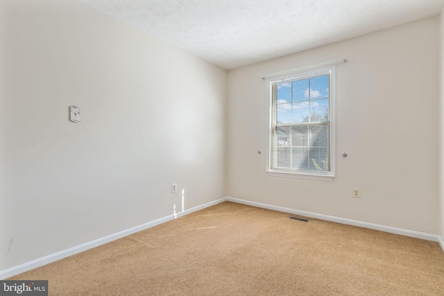 empty room with light colored carpet and a textured ceiling