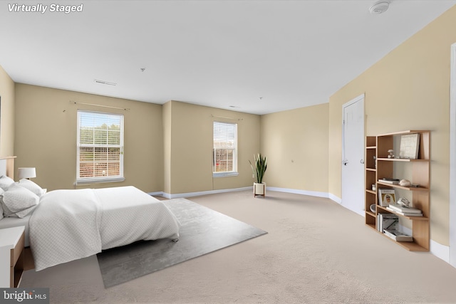 carpeted bedroom featuring multiple windows