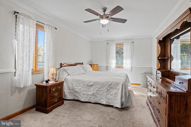 bedroom with crown molding, multiple windows, and ceiling fan