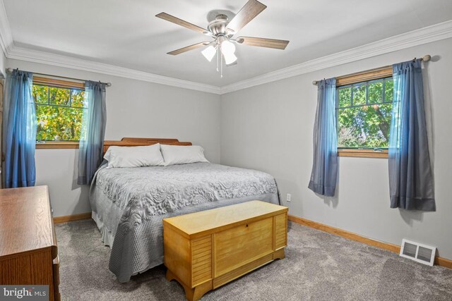 bedroom featuring ceiling fan, crown molding, carpet, and multiple windows