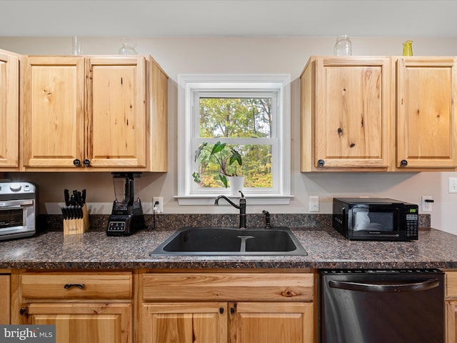 kitchen featuring stainless steel dishwasher, sink, and light brown cabinetry