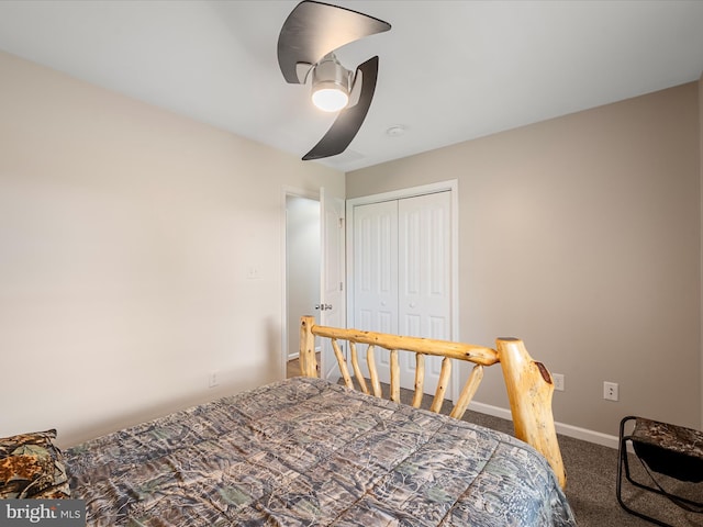 bedroom with carpet floors, a closet, and ceiling fan