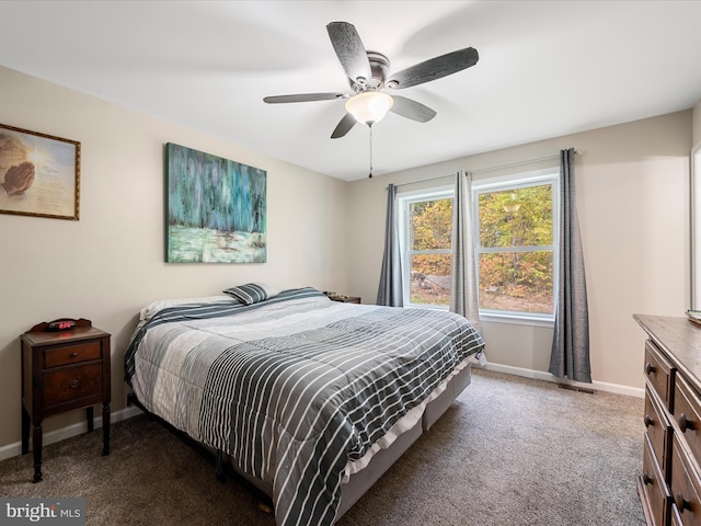 bedroom with ceiling fan and carpet floors