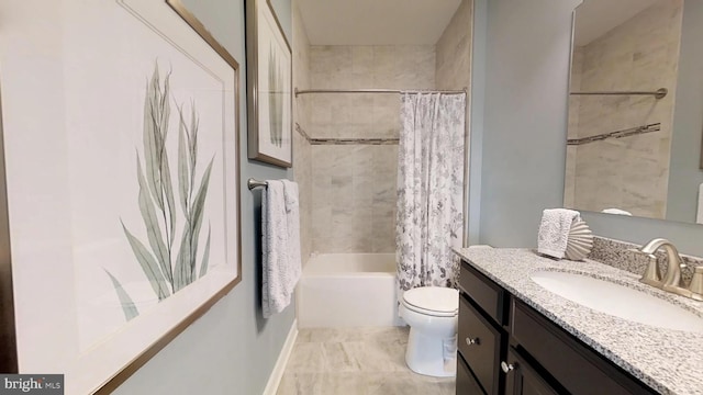 full bathroom with toilet, vanity, and shower / bath combination with curtain