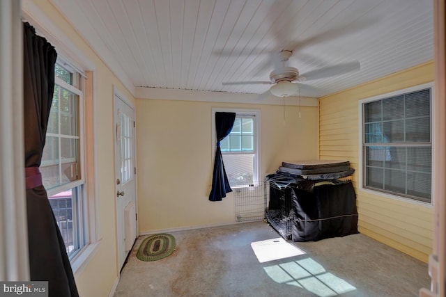 miscellaneous room with ceiling fan, wood walls, and carpet flooring