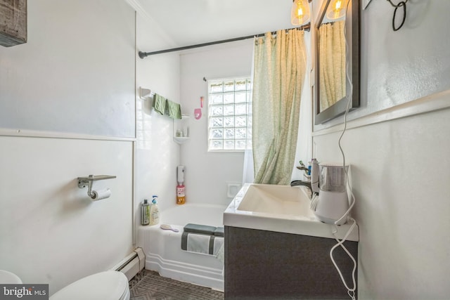 full bathroom featuring vanity, shower / bath combo with shower curtain, toilet, and a baseboard radiator