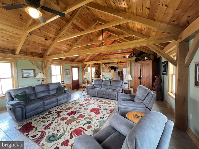 living room featuring lofted ceiling with beams, ceiling fan, and wood ceiling