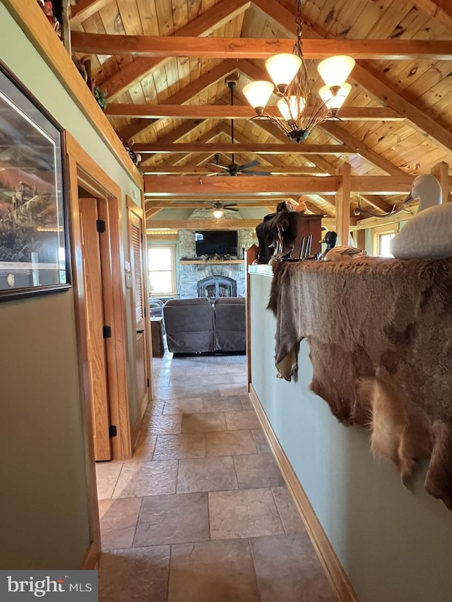 corridor with lofted ceiling with beams, wood ceiling, and a chandelier