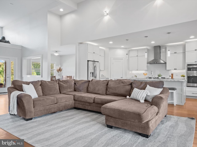 living room featuring a high ceiling and light hardwood / wood-style flooring