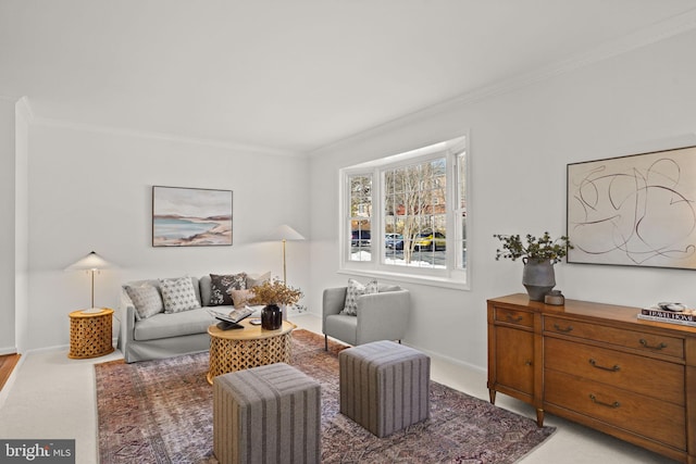 living room featuring crown molding and carpet