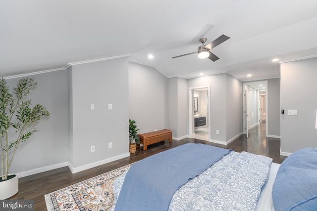 bedroom with ornamental molding, ensuite bathroom, ceiling fan, and dark hardwood / wood-style floors