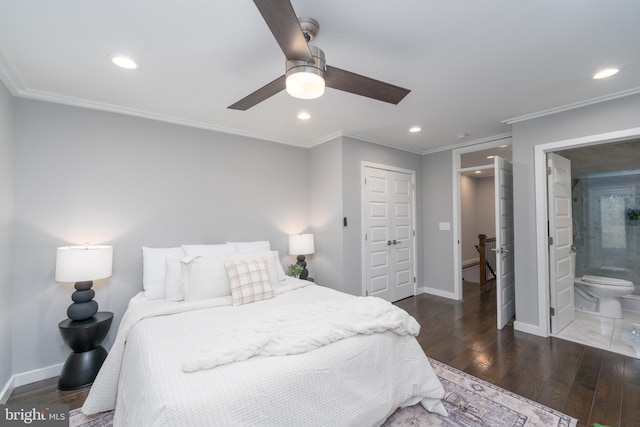 bedroom featuring ceiling fan, connected bathroom, ornamental molding, a closet, and dark hardwood / wood-style flooring