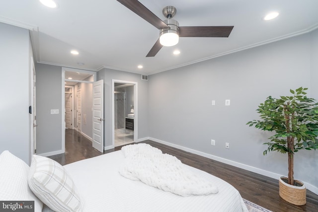 bedroom with ceiling fan, ornamental molding, ensuite bath, and dark wood-type flooring