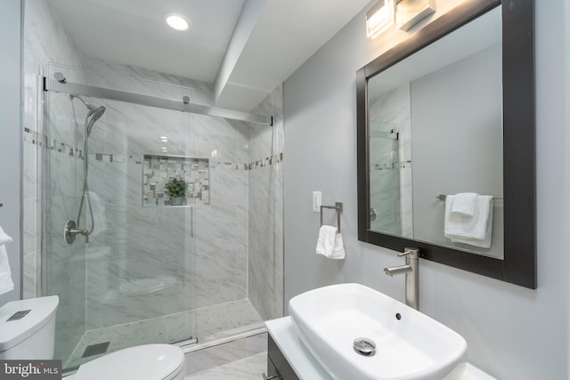 bathroom with vanity, a shower with door, and toilet