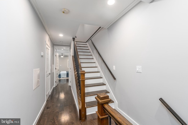 stairs featuring wood-type flooring, ornamental molding, and ceiling fan