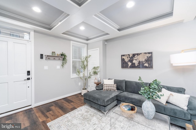 living room with beamed ceiling, crown molding, coffered ceiling, and dark hardwood / wood-style floors