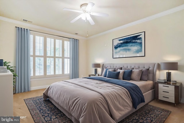 bedroom with light colored carpet, ceiling fan, and ornamental molding