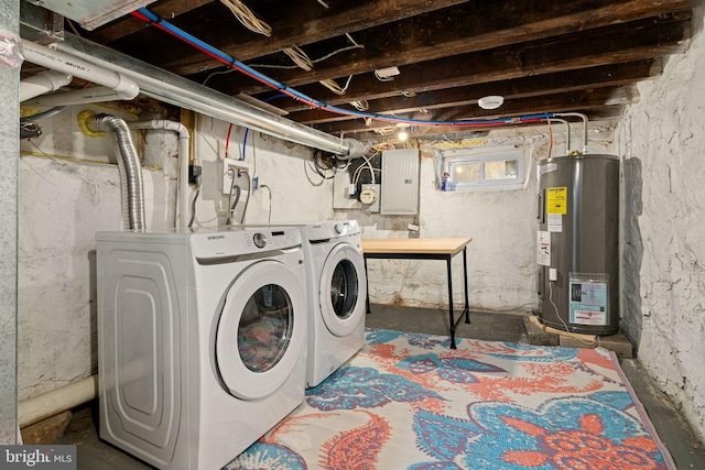 laundry room with water heater, washer and dryer, electric panel, and laundry area