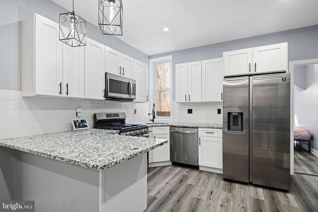 kitchen featuring a sink, light stone counters, stainless steel appliances, and light wood-type flooring