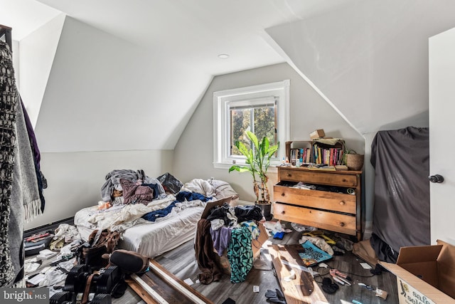 bedroom with hardwood / wood-style floors and lofted ceiling