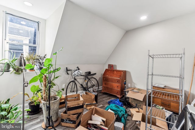 miscellaneous room featuring hardwood / wood-style flooring and lofted ceiling