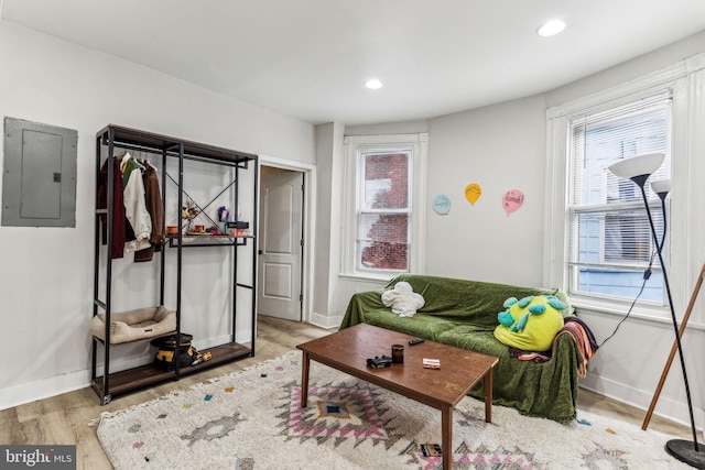 living room with electric panel and light hardwood / wood-style floors